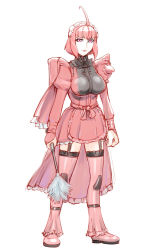 Rule 34 | 1girl, ahoge, apron, breasts, duster, feather duster, frills, garter straps, gundam, large breasts, lipstick, long sleeves, maid, maid apron, makeup, mecha musume, mobile suit gundam, personification, puffy sleeves, red eyes, red hair, red thighhighs, short hair, skirt, solo, thighhighs, ueyama michirou, zaku ii, zaku ii s char custom