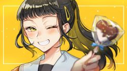 Rule 34 | 1girl, black hair, blunt bangs, blush, candy, chocolate, food, hair ornament, hairclip, half-closed eye, heart, holding, holding candy, holding food, long hair, looking at viewer, one eye closed, original, ponytail, portrait, shadow, shinishi chiho, signature, solo, valentine, yellow background, yellow eyes