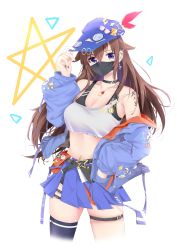 Rule 34 | 1girl, absurdres, belt, belt buckle, blue eyes, braid, bridal garter, brown hair, buckle, cowboy shot, earrings, flat cap, hair ornament, hairpin, hat, highres, hololive, jewelry, jiejeat, long sleeves, applying manicure, mask, miniskirt, mouth mask, nail polish, necklace, simple background, single braid, skindentation, skirt, sleeveless, solo, sports bra, star (symbol), tank top, thigh strap, tokino sora, virtual youtuber
