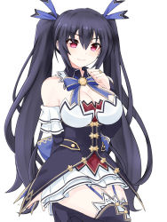 Rule 34 | 1girl, bare shoulders, black hair, blue ribbon, breasts, detached collar, detached sleeves, frills, hair between eyes, hair ribbon, happy, highres, large breasts, long hair, looking at viewer, neptune (series), noire (neptunia), pleated skirt, red eyes, ribbon, simple background, skirt, smile, solo, thighhighs, twintails, very long hair, white skirt, zatsu