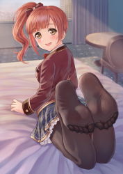 Rule 34 | 1girl, artist request, blush, brown eyes, feet, foot focus, from behind, highres, idolmaster, idolmaster cinderella girls, igarashi kyoko, looking at viewer, looking back, open mouth, pantyhose, skirt, smile, soles, solo, toes