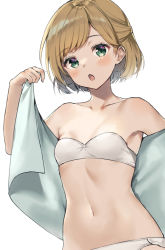 Rule 34 | 1girl, bad id, bad twitter id, bandeau, bare arms, bare shoulders, bikini, blush, breasts, brown hair, collarbone, green eyes, half updo, highres, holding, holding towel, looking at viewer, midorikawa you, navel, open mouth, original, short hair, simple background, small breasts, solo, strapless, strapless bikini, swimsuit, towel, white background, white bikini