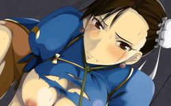 Rule 34 | 1girl, all fours, blush, breasts, brown eyes, brown hair, capcom, china dress, chinese clothes, chun-li, crying, double bun, dress, earrings, embarrassed, hair bun, highres, indoors, jewelry, large breasts, legs, looking at viewer, nipples, pantyhose, pet play, puffy sleeves, rope, short hair, solo, street fighter, sweatdrop, tears, teitetsu kishidan, thighs, torn clothes, torn pantyhose