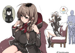 Rule 34 | 1boy, admiral (kancolle), belt, blush, boots, braid, breasts, brown hair, capelet, chair, closed mouth, commentary request, food, from side, hair ribbon, hood, hooded capelet, ifuji shinsen, kantai collection, large breasts, long hair, long sleeves, mask, mouth mask, multiple girls, multiple views, pudding, ribbon, shinshuu maru (kancolle), simple background, sitting, skirt, speech bubble, translation request, twin braids, twitter username, white background