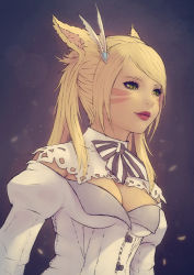 Rule 34 | 10s, animal ears, breasts, cleavage, detached collar, final fantasy, final fantasy xiv, green eyes, hair ornament, lipstick, makeup, miqo&#039;te, puffy sleeves, red lips, slit pupils, solo, soranamae, twintails