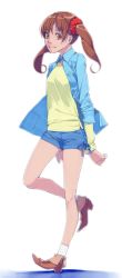 Rule 34 | 1girl, akinbo (hyouka fuyou), blue jacket, blue ribbon, blue shorts, brown eyes, brown footwear, brown hair, hair ornament, hair scrunchie, highres, jacket, leg up, long hair, long sleeves, looking at viewer, open clothes, open jacket, precure, precure all stars new stage: mirai no tomodachi, red scrunchie, ribbon, sakagami ayumi, scrunchie, shirt, short shorts, shorts, simple background, smile, socks, solo, twintails, white background, white socks, yellow shirt