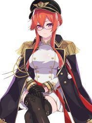 Rule 34 | 1girl, :|, absurdres, aiguillette, azur lane, bespectacled, black coat, black gloves, black hat, black thighhighs, blue-framed eyewear, blush, braid, breasts, buttons, closed mouth, coat, commentary, crossed legs, epaulettes, eyebrows, eyelashes, eyes visible through hair, french braid, glasses, gloves, hair between eyes, hair bun, hand on own thigh, hat, highres, jacket, jacket on shoulders, jewelry, large breasts, long hair, long sleeves, looking at viewer, military, military hat, military uniform, miniskirt, monarch (azur lane), nezuko, open clothes, open coat, orange hair, peaked cap, pink eyes, pleated skirt, ring, semi-rimless eyewear, shirt, sidelocks, simple background, single braid, single hair bun, sitting, skirt, solo, taut clothes, taut shirt, thighhighs, unbuttoned, under-rim eyewear, uniform, white background, white shirt, white skirt, zettai ryouiki