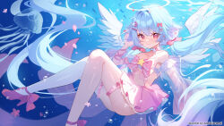 Rule 34 | 1girl, apple caramel, bare shoulders, blue hair, blush, breasts, bridal garter, commission, detached sleeves, feathered wings, halo, highres, long hair, looking at viewer, original, pink skirt, pixiv commission, red eyes, revealing clothes, ribbon, see-through, see-through sleeves, single thighhigh, skirt, small breasts, solo, thighhighs, underwater, white thighhighs, wings