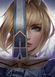 Rule 34 | 1girl, absurdres, artist name, artoria pendragon (all), artoria pendragon (fate), blonde hair, closed mouth, excalibur (fate/stay night), eyelashes, fate/stay night, fate (series), gauntlets, green eyes, highres, holding, holding sword, holding weapon, looking at viewer, outdoors, portrait, rain, saber (fate), sengnam1997, short hair, solo, sword, weapon