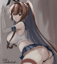 Rule 34 | 1girl, ass, black neckerchief, black panties, blue sailor collar, blue skirt, butt crack, cosplay, crop top, eckert&amp;eich, elbow gloves, gloves, highleg, highleg panties, highres, kantai collection, looking at viewer, microskirt, neckerchief, one-hour drawing challenge, panties, ponytail, sailor collar, shimakaze (kancolle), shimakaze (kancolle) (cosplay), signature, skirt, solo, striped clothes, striped thighhighs, thighhighs, thong, underwear, white gloves, yamato (kancolle)