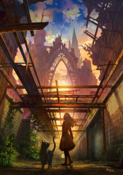 Rule 34 | 1girl, animal, arch, artist name, black cat, blue sky, brick wall, brown hair, brown skirt, building, cat, cloud, commentary request, facing away, fantasy, gradient sky, grass, highres, kaitan, long hair, long skirt, long sleeves, orange sky, original, outdoors, pantyhose, plant, red shirt, ruins, scenery, shadow, shirt, shoes, signature, skirt, sky, solo, spire, standing, sunlight, sunset, wide shot