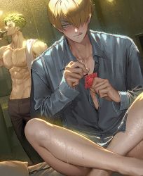 Rule 34 | 2boys, abs, alcohol, bed, black pants, blonde hair, blue eyes, blue shirt, blush, bottle, closed eyes, condom, drinking, earrings, green hair, hair over one eye, holding, holding bottle, holding condom, indian style, jewelry, large pectorals, licking lips, looking at another, male focus, multiple boys, naked shirt, navel, nipples, on bed, one eye covered, one piece, pants, pectorals, roronoa zoro, runa (nori31291404), sanji (one piece), scar, scar on chest, shirt, short hair, sitting, sweat, thick thighs, thighs, tongue, tongue out, topless male, towel, towel on one shoulder