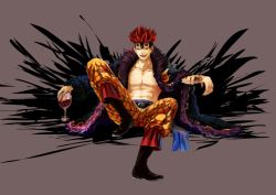Rule 34 | 1boy, boots, cup, drinking glass, eustass kid, full body, fur jacket, jacket, male focus, one piece, open clothes, red hair, sash, simple background, sitting, solo, wine glass