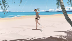 1girl barefoot beach bikini bikini_under_clothes black_bikini black_hair day feet from_side highres hood hood_down hoodie looking_at_viewer ocean open_clothes open_hoodie original outdoors palm_leaf palm_tree ponytail scenery shadow signature solo swimsuit tree uki_atsuya walking