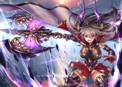Rule 34 | 10s, 1girl, armor, axe, breasts, brown hair, cape, draph, fangs, gauntlets, granblue fantasy, hair between eyes, holding, holding axe, horns, ks (xephyrks), large breasts, long hair, looking at viewer, open mouth, outstretched arm, red eyes, red skirt, skirt, smile, solo, sparkle, standing, threo (granblue fantasy), weapon