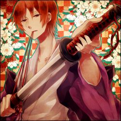 Rule 34 | 1boy, bad id, bad pixiv id, fate/zero, fate (series), flower, highres, japanese clothes, katana, male focus, psychedelic amatou, red eyes, red hair, solo, sword, uryuu ryuunosuke, weapon