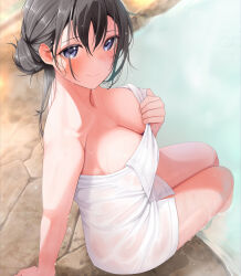 Rule 34 | 1girl, arm support, black hair, blue eyes, blush, breasts, closed mouth, commentary request, fed (giba), hair between eyes, highres, holding, holding towel, large breasts, looking at viewer, naked towel, nude, onsen, original, side ponytail, sitting, smile, soaking feet, steam, towel, wet, wet towel