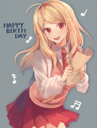 Rule 34 | 1girl, :d, ahoge, akamatsu kaede, beamed sixteenth notes, blonde hair, breasts, collared shirt, commentary request, cowboy shot, danganronpa (series), danganronpa v3: killing harmony, fortissimo, hair ornament, happy birthday, highres, kozomezuki, long hair, long sleeves, looking at viewer, miniskirt, mole, mole under eye, musical note, musical note hair ornament, necktie, open mouth, paper, pink vest, pleated skirt, red skirt, school uniform, sheet music, shirt, skirt, smile, solo, standing, sweater vest, vest, white shirt