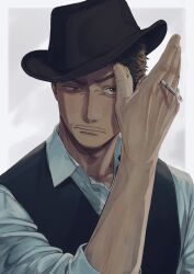 Rule 34 | 1boy, brown hair, cigarette, collared shirt, facial hair, fedora, frown, goatee stubble, hat, highres, holding, holding cigarette, looking at viewer, male focus, mustache stubble, original, raised eyebrow, shirt, short hair, sideburns, solo, stubble, thick eyebrows, tilted headwear, tonta (tonta1231), upper body, vest