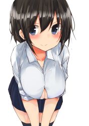 Rule 34 | 1girl, black hair, black thighhighs, blue eyes, blue skirt, blush, breasts, buttons, closed mouth, collared shirt, cowboy shot, golgi hon, hair between eyes, large breasts, leaning forward, looking at viewer, original, pleated skirt, shirt, short hair, short sleeves, simple background, skirt, smile, solo, thighhighs, white background, white shirt, zettai ryouiki