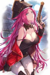 Rule 34 | 1girl, arm support, bare shoulders, belt, blue eyes, blush, boots, breasts, brown tank top, cleavage, commentary, fate/grand order, fate (series), francis drake (fate), green eyes, gun, hat, highres, holding, holding gun, holding weapon, jacket, large breasts, long hair, looking at viewer, off shoulder, open mouth, pants, pink hair, pirate hat, purple hair, red jacket, rin yuu, scar, scar on face, sitting, smile, solo, strap slip, tank top, thigh boots, thighhighs, trigger discipline, very long hair, weapon, white pants