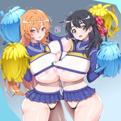 Rule 34 | 2girls, :d, ahoge, areola slip, arm up, bea (bropmlk), black hair, blue background, blue skirt, bow, breast press, breasts, brown eyes, bursting breasts, character request, cheering, cheerleader, cleft of venus, commission, copyright request, covered erect nipples, cowboy shot, crop top, curvy, female focus, hair between eyes, hair bow, hands up, heart, highres, holding, holding pom poms, huge breasts, lactation, lactation through clothes, large areolae, long hair, long sleeves, looking at viewer, microskirt, multiple girls, nakiri erina, navel, nipple slip, nipples, open mouth, orange hair, plaid, plaid bow, pom pom (cheerleading), pom poms, puffy nipples, purple eyes, pussy, pussy peek, red bow, shiny skin, shokugeki no souma, sidelocks, simple background, skeb commission, skindentation, skirt, smile, standing, sweat, symmetrical docking, thick thighs, thighs, thong, uncensored, undersized clothes, wide hips