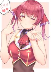 1girl blush breasts cleavage hair_ribbon highres hololive houshou_marine large_breasts long_hair looking_at_viewer one_eye_closed red_hair ribbon see-through_clothes see-through_cleavage smile solo suzutarou_gunsou twintails virtual_youtuber yellow_eyes