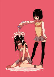 Rule 34 | 2girls, barefoot, black hair, black thighhighs, blindfold, blunt bangs, bob cut, bound, bound wrists, bra, breasts, brown footwear, cleavage, commentary request, grey skirt, holding carton, large breasts, loafers, long hair, long sleeves, looking at another, medium breasts, milk, milk crown, miniskirt, multiple girls, no shirt, open mouth, original, pleated skirt, pouring onto another, puddle, red background, school uniform, shimazaki1152, shirt, shoes, short hair, simple background, sitting, skirt, smile, standing, sweater vest, thighhighs, underwear, v arms, wariza, wet, wet clothes, wet hair, white bra, white shirt, yellow sweater vest