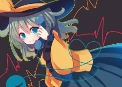 Rule 34 | 1girl, beni shake, blue eyes, cable, eyebrows, closed eyes, frilled sleeves, frills, green hair, hat, hat ribbon, heart, heart of string, heartbeat, holding, holding phone, komeiji koishi, long skirt, long sleeves, looking at viewer, phone, ribbon, short hair, simple background, skirt, smile, solo, stitches, third eye, touhou, wide sleeves