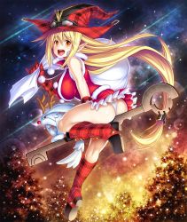 Rule 34 | 00s, 1girl, asahi, ass, bare legs, blonde hair, breasts, christmas, creature, dress, female focus, hat, highres, huge ass, huge breasts, legs, lilith-soft, long hair, looking at viewer, looking back, magical girl lilith, night, panties, pantyshot, pointy ears, sky, smile, solo, taimanin (series), taimanin asagi, taimanin asagi kessen arena, thong, underwear, witch hat, yellow eyes