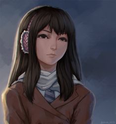 Rule 34 | 1girl, black hair, blue necktie, brown coat, closed mouth, coat, commentary, earmuffs, english commentary, jacket, kimishima kana, kiseijuu, long hair, miura-n315, necktie, scarf, simple background, solo, white scarf