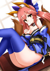 Rule 34 | 10s, 1girl, animal ears, ass, bare shoulders, blue bow, blue thighhighs, blush, bow, breasts, cleavage, closed mouth, collar, collarbone, detached collar, fate/extra, fate (series), fox ears, fox tail, hair bow, hand on own chest, highres, japanese clothes, kimono, knees up, leg up, long hair, looking at viewer, minato yoshihiro, pink hair, sash, sitting, smile, solo, tail, tamamo no mae (fate/extra), thighhighs, thighs, tsurime, twintails, underbust, yellow eyes