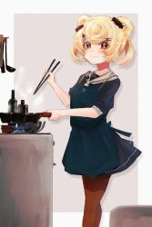 Rule 34 | 1girl, absurdres, animal ears, applesyrup14g, apron, arknights, bear ears, black dress, blonde hair, blue apron, bottle, brown pantyhose, candy hair ornament, chopsticks, commentary request, dress, drop shadow, feet out of frame, fire, fire, food-themed hair ornament, frying pan, gummy (arknights), hair ornament, highres, holding, holding chopsticks, holding frying pan, huge filesize, looking at viewer, nail polish, pantyhose, red eyes, sailor collar, sailor dress, short dress, short hair, short sleeves, smile, solo, standing, steam, stove, white sailor collar