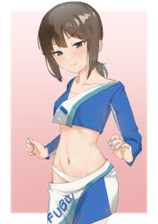 Rule 34 | 1girl, :3, blue eyes, blue nails, blush, breasts, brown hair, clothes writing, commentary request, cosplay, crop top, crop top overhang, fubuki (kancolle), highres, kantai collection, long sleeves, looking at viewer, low ponytail, medium breasts, midriff, nail polish, outside border, panties, ponytail, race queen, sakieko, short ponytail, sidelocks, simple background, skirt, solo, underwear, usugumo (kancolle), usugumo (kancolle) (cosplay), white panties