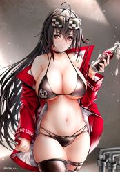 Rule 34 | 1girl, azur lane, bad id, bad pixiv id, bare shoulders, bikini, black bikini, black choker, black hair, black thighhighs, bottle, breasts, choker, cleavage, coca-cola, crossed bangs, eyewear on head, highleg, highleg bikini, highres, holding, holding bottle, jacket, large breasts, long hair, multi-strapped bikini bottom, multiple straps, off-shoulder jacket, off shoulder, official alternate costume, open clothes, open jacket, race queen, red eyes, red jacket, skindentation, solo, sunglasses, swimsuit, taihou (azur lane), taihou (enraptured companion) (azur lane), thigh strap, thighhighs, very long hair, yokaze (yokajie)