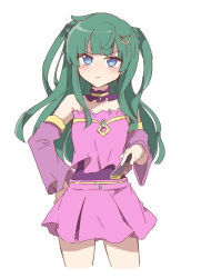 Rule 34 | 1girl, bare shoulders, blue eyes, blunt bangs, blunt ends, blush, closed mouth, commentary request, covered navel, cowboy shot, crop top, detached collar, detached sleeves, folding fan, green hair, hand fan, hand on own hip, holding, holding fan, idol clothes, long hair, looking at viewer, nojima minami, pink skirt, pretty series, pripara, purple sleeves, simple background, skirt, solo, standing, tsukikawa chili, two side up, white background