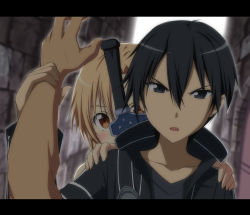 Rule 34 | &gt;:o, 10s, 1boy, 1girl, :o, holding another&#039;s arm, asuna (sao), black eyes, black hair, blush, brown eyes, brown hair, hands on shoulders, hiding, holding own arm, kirito, letterboxed, long hair, nori tamago, protecting, sword art online, v-shaped eyebrows