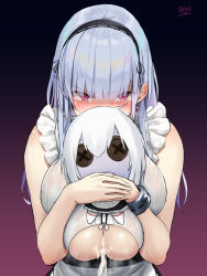 Rule 34 | 1girl, after paizuri, apron, azur lane, black hairband, blue hair, blunt bangs, blush, breasts, breasts squeezed together, character doll, clothing cutout, commentary request, crying, cum, cum on body, cum on breasts, cum on upper body, dido (azur lane), earrings, eyes visible through hair, frills, hairband, highres, huge breasts, jewelry, long hair, looking at viewer, oekakizuki, pink eyes, shaded face, signature, simple background, single earring, sleeveless, solo, tears, underboob cutout, upper body, waist apron, white apron