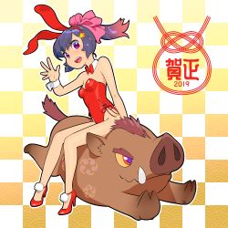 Rule 34 | 1girl, 2019, animal ears, black hair, boar, bow, bowtie, checkered background, chinese zodiac, commentary request, detached collar, fake animal ears, fukusuke hachi-gou, full body, gradient hair, high heels, leotard, multicolored hair, nengajou, new year, original, playboy bunny, pom pom (clothes), ponytail, rabbit ears, rabbit girl, rabbit tail, red bow, red bowtie, red footwear, red hair, red leotard, ribbon, riding, solo, strapless, strapless leotard, tail, translated, waving, wrist cuffs, year of the pig