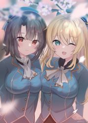 Rule 34 | 1girl, atago (kancolle), beret, black hair, blonde hair, blue hat, blurry, breasts, cherry blossoms, depth of field, hat, highres, kantai collection, large breasts, long hair, looking at viewer, military, military uniform, petals, red eyes, short hair, solo, takao (kancolle), uniform, upper body, yoshino (mfmfpng)