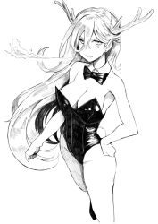 Rule 34 | 1girl, absurdres, bow, bowtie, breasts, breath, cleavage, detached collar, dragon horns, feet out of frame, greyscale, hair between eyes, highres, horns, kantai collection, leotard, medium breasts, mole, mole under eye, mole under mouth, monochrome, nontraditional playboy bunny, playboy bunny, rabbit tail, richelieu (kancolle), solo, strapless, strapless leotard, tail, tsuji kazuho