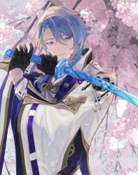Rule 34 | 1boy, black gloves, blue hair, branch, closed mouth, commentary request, flower, genshin impact, gloves, highres, holding, holding sword, holding weapon, japanese clothes, kamisato ayato, katana, long sleeves, male focus, mole, mole under mouth, mumu vosp, petals, pink flower, purple eyes, ribbon-trimmed sleeves, ribbon trim, solo, sword, upper body, weapon, wide sleeves
