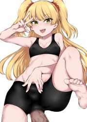Rule 34 | 013 (hamsasuke), 1girl, anal, bare arms, bare shoulders, barefoot, bike shorts, black bra, black shorts, blonde hair, bra, breasts, censored, cleavage, collarbone, feet, hair ornament, hair scrunchie, highres, idolmaster, idolmaster cinderella girls, jougasaki rika, long hair, looking at viewer, midriff, mosaic censoring, open mouth, penetration through clothes, penis, scrunchie, sex, shiny clothes, shorts, simple background, soles, solo focus, sports bra, spread legs, spread pussy under clothes, stomach, through clothes, toes, two side up, underwear, veins, veiny penis, w, white background, yellow eyes