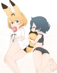 Rule 34 | 2girls, animal ears, barefoot, bed sheet, black hair, black shirt, black shorts, blonde hair, chis (js60216), closed eyes, cropped shirt, dolphin shorts, extra ears, food, highres, hugging another&#039;s tail, japari bun, japari symbol, kaban (kemono friends), kemono friends, leg up, looking at viewer, lying, micro shorts, mouth hold, multiple girls, no pants, off shoulder, on bed, on side, on stomach, serval (kemono friends), serval tail, shirt, short hair, short sleeves, shorts, sleeping, sleepwear, striped tail, t-shirt, tail, hugging tail, tank top, wavy hair, white background, white shirt, yellow eyes