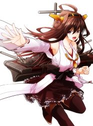 Rule 34 | 10s, 1girl, bare shoulders, black thighhighs, blush, boots, brown hair, cannon, detached sleeves, double bun, hair bun, hair ornament, hairband, headgear, hironoazuma, japanese clothes, kantai collection, kongou (kancolle), long hair, nontraditional miko, open mouth, personification, skirt, smile, solo, thigh boots, thighhighs, turret