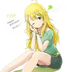 Rule 34 | 1girl, ahoge, blonde hair, blush, breasts, female focus, green eyes, happy birthday, hoshii miki, idolmaster, idolmaster (classic), jewelry, long hair, looking at viewer, nasuna, necklace, one eye closed, open mouth, own hands clasped, own hands together, sitting, skirt, small breasts, smile, solo