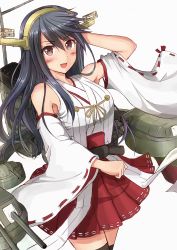 Rule 34 | 10s, 1girl, absurdres, arm up, black hair, black thighhighs, blush, brown eyes, detached sleeves, haruna (kancolle), headgear, highres, ichikawa feesu, kantai collection, long hair, machinery, nontraditional miko, open mouth, ribbon-trimmed sleeves, ribbon trim, skirt, solo, thighhighs, white background