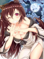 Rule 34 | 1girl, animal ears, ashu, bare shoulders, bent over, breasts, brooch, brown hair, cleavage, cloud, collarbone, dress, female focus, full moon, gesture, grin, highres, imaizumi kagerou, jewelry, large breasts, long hair, looking at viewer, moon, off shoulder, one eye closed, penetration gesture, red eyes, sky, smile, solo, star (sky), tail, thighs, touhou, very long hair, white dress, wolf ears, wolf tail