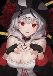 Rule 34 | 1girl, animal hood, bad id, bad pixiv id, bare shoulders, black collar, black gloves, black hair, black jacket, blush, bow, braid, breasts, camisole, cleavage, collar, ear piercing, fang, finger heart, fingerless gloves, gloves, grey hair, hair ornament, heart pendant, highres, hololive, hood, idasu (hyun9164), jacket, large breasts, looking at viewer, multicolored hair, nail polish, open mouth, orca hood, piercing, plaid, plaid bow, red eyes, red nails, sakamata chloe, smile, solo, streaked hair, upper body, virtual youtuber, white camisole, x hair ornament