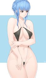 Rule 34 | 1girl, absurdres, bikini, blue hair, blush, braid, breasts, brown eyes, closed mouth, crown braid, dated, embarrassed, fire emblem, fire emblem: three houses, highres, large breasts, looking to the side, marianne von edmund, md5 mismatch, medium breasts, micro bikini, mogtate, navel, nintendo, partially visible vulva, resolution mismatch, simple background, slingshot swimsuit, solo, source smaller, standing, swimsuit, wedgie